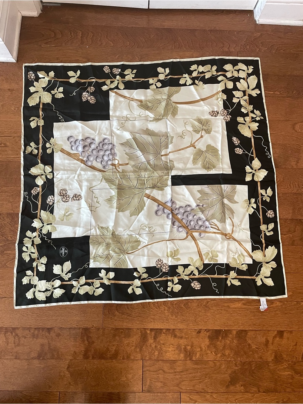 Silk Vine & Grape Square Scarf - Black, Cream, Green, Lavender
